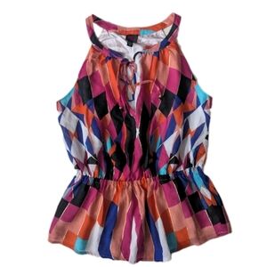 Y2K Bebe Halter Top Abstract Babydoll Top XS Elastic Waist Tie Neck Colorful